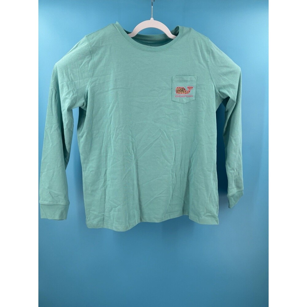 Vineyard Vines Womens XL Leopard Print Whale Long Sleeve Pocket Tee Aqua Pink
